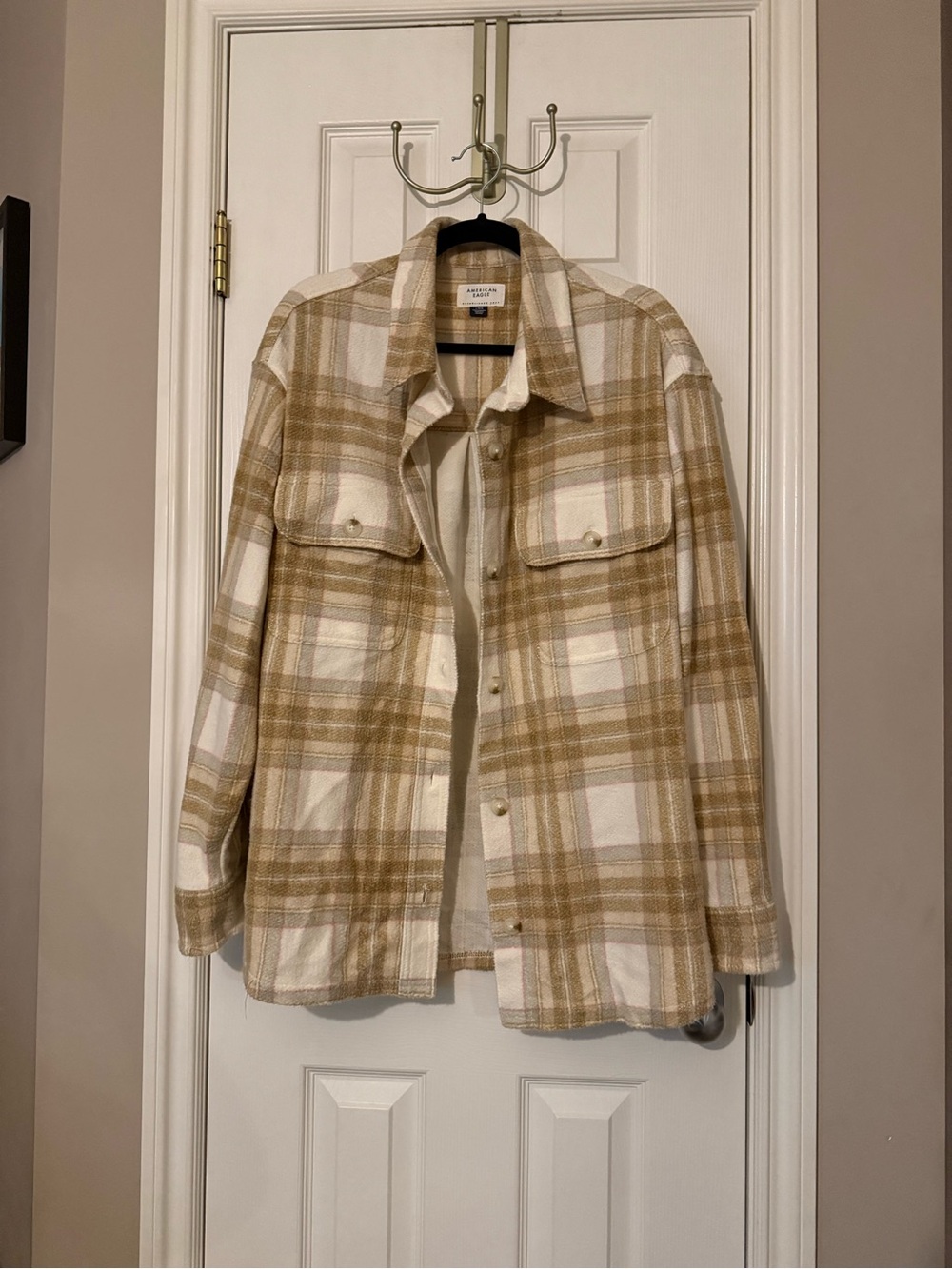 American Eagle Plaid Shacket in Cream and Camel with Pink Accents